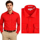 red long sleeve button up shirt front view