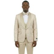 Men's Skinny Fit Jacquard 3 Piece Tuxedo with Double Breasted Vest - Champagne