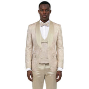 Men's Skinny Fit Jacquard 3 Piece Tuxedo with Double Breasted Vest - Beige