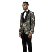 Men's Skinny Fit Jacquard 3 Piece Tuxedo with Double Breasted Vest - Black