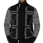 Men's black suede patch zip sweater with black and white chevron sleeves