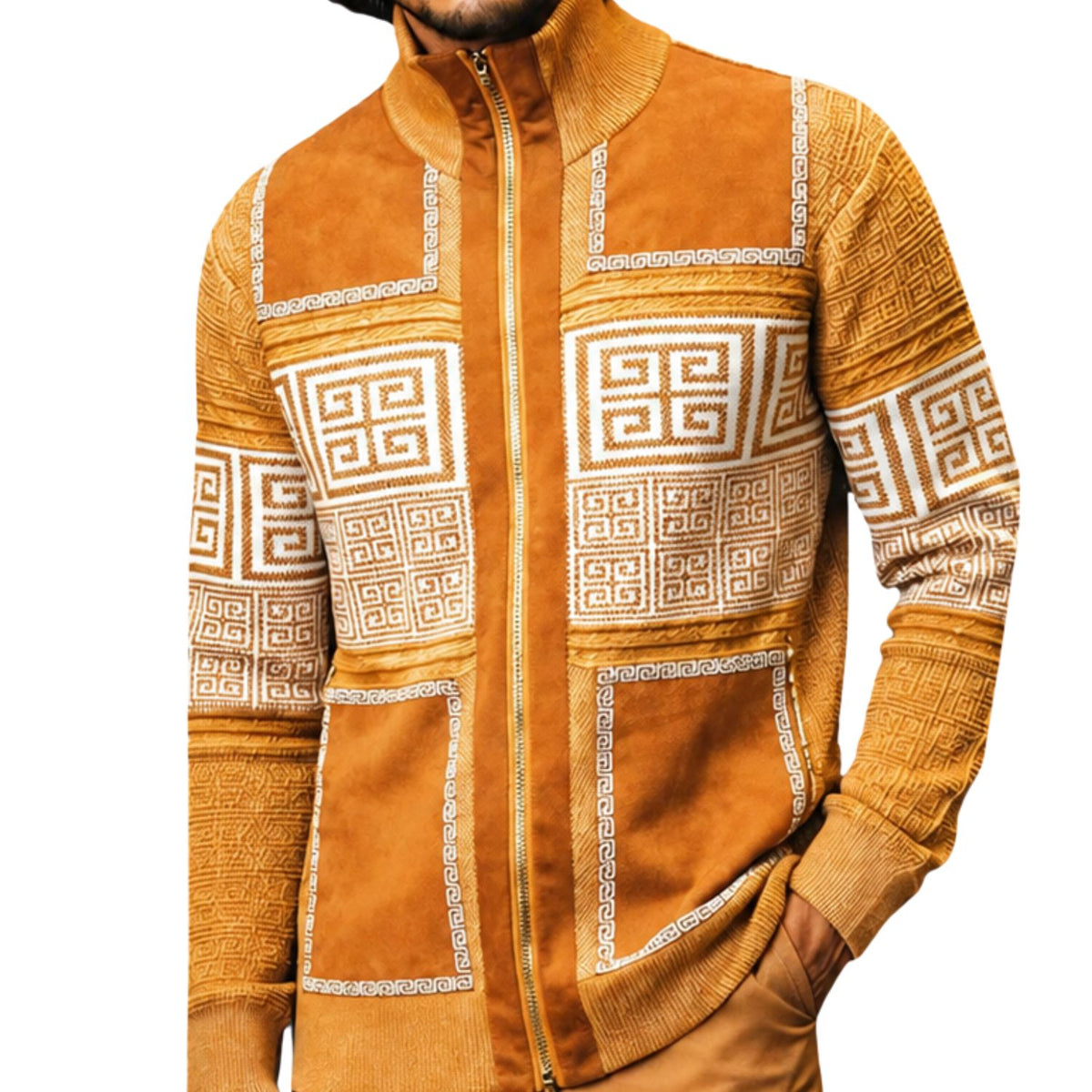 SilverSilk 31003 gold greek key suede embroidered full-zip sweater - detail view