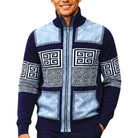 SilverSilk 31003 navy greek key suede embroidered full-zip sweater - detail view