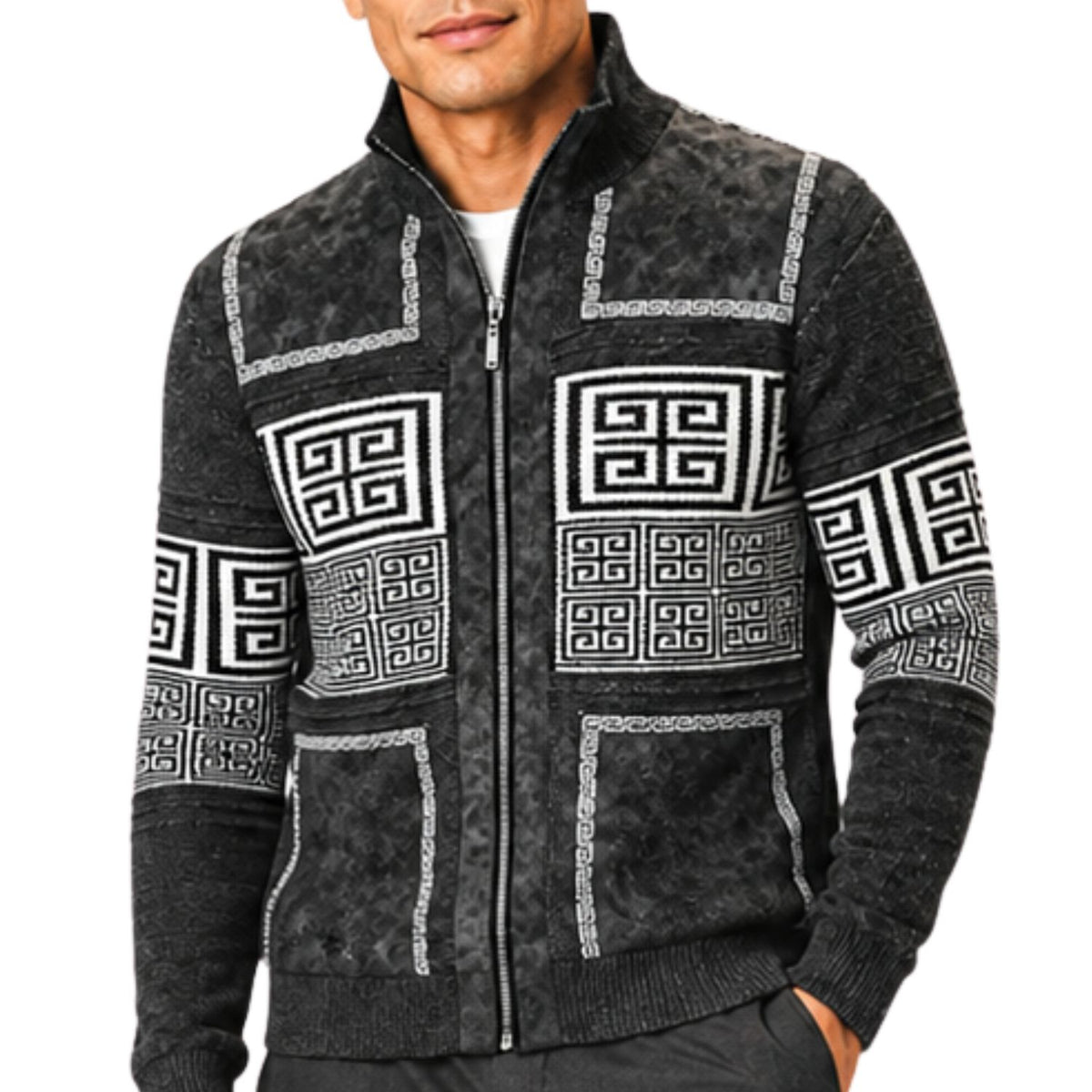SilverSilk 31003 grey greek key suede embroidered full-zip sweater - detail view
