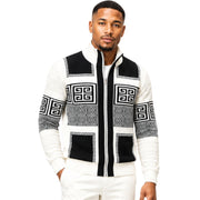 Men's Greek Key Suede Embroidered Zip Sweater - Cream