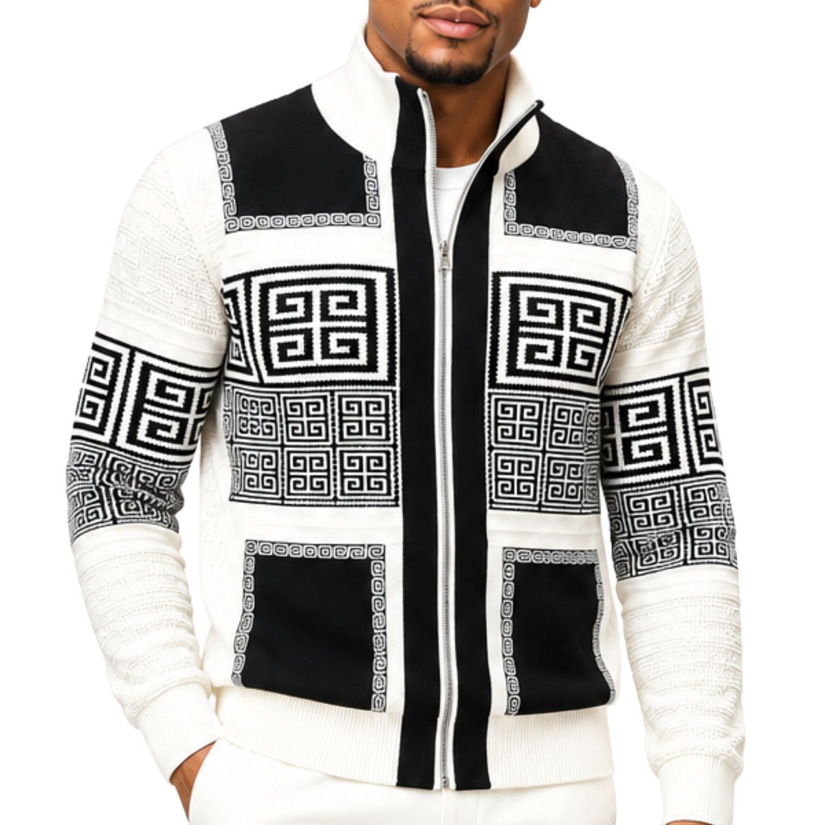 SilverSilk 31003 cream greek key suede embroidered full-zip sweater - detail view