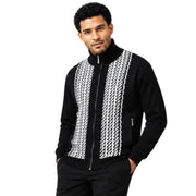 Men's Jacquard Front Suede Full-Zip Sweater - Black