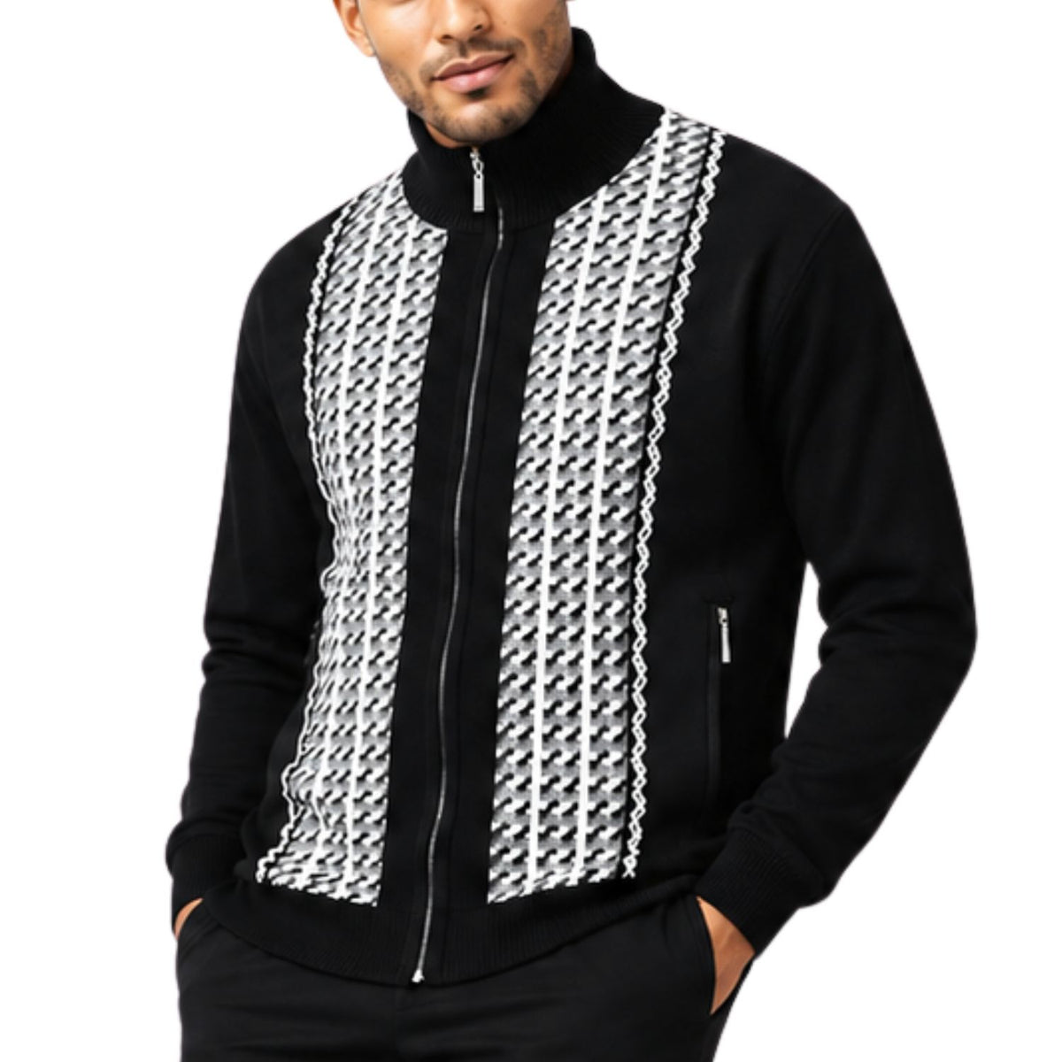 SilverSilk 31021 black jacquard front suede full-zip sweater - detail view