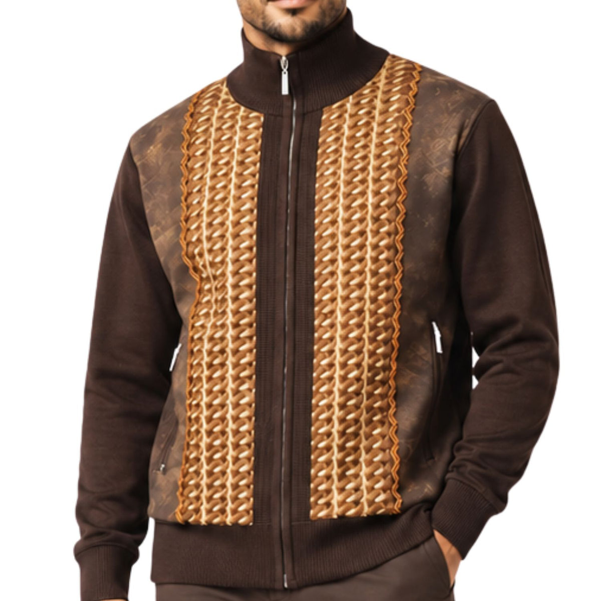 SilverSilk 31021 brown jacquard front suede full-zip sweater - detail view