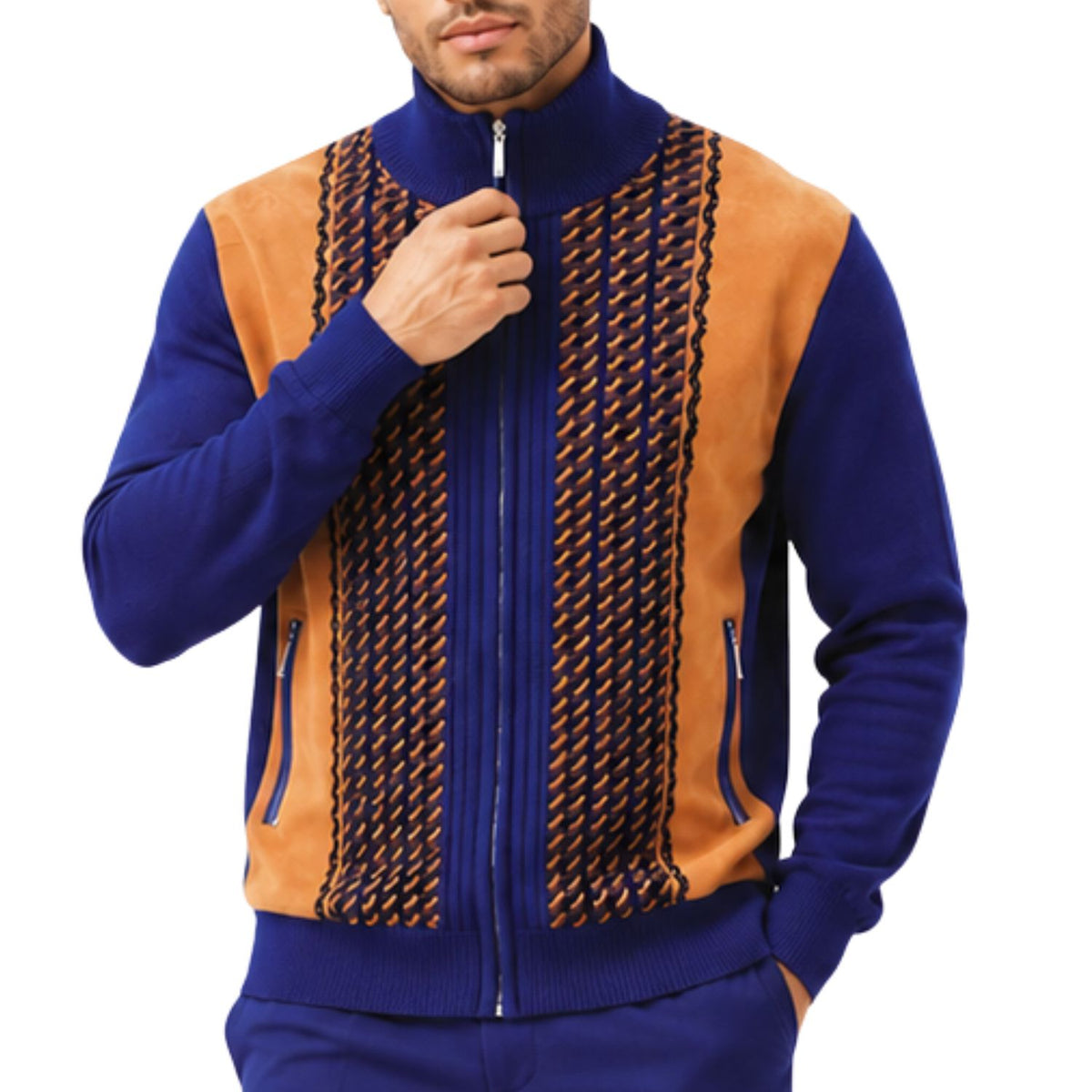 SilverSilk 31021 navy jacquard front suede full-zip sweater - detail view