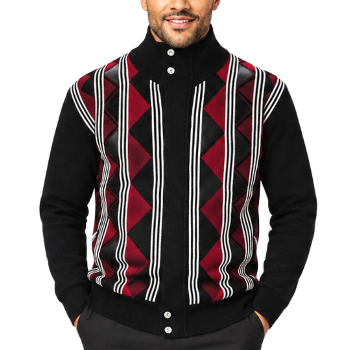SilverSilk 31019 black/red diamond suede front full-zip sweater - detail view