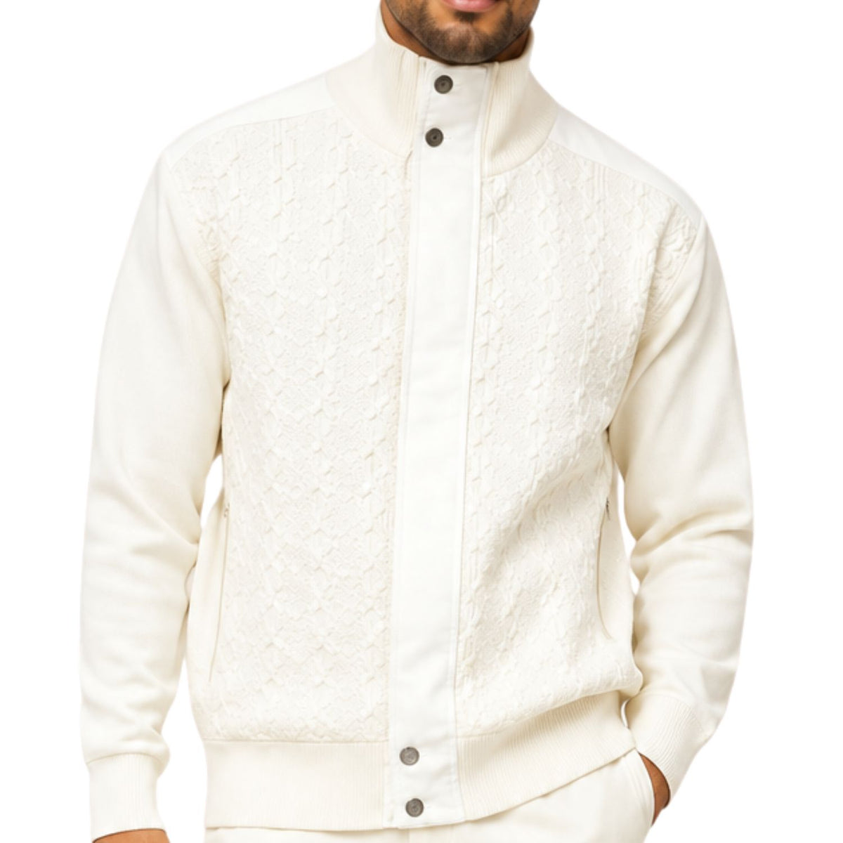 SilverSilk 31022 cream tonal suede front full-zip sweater - detail view