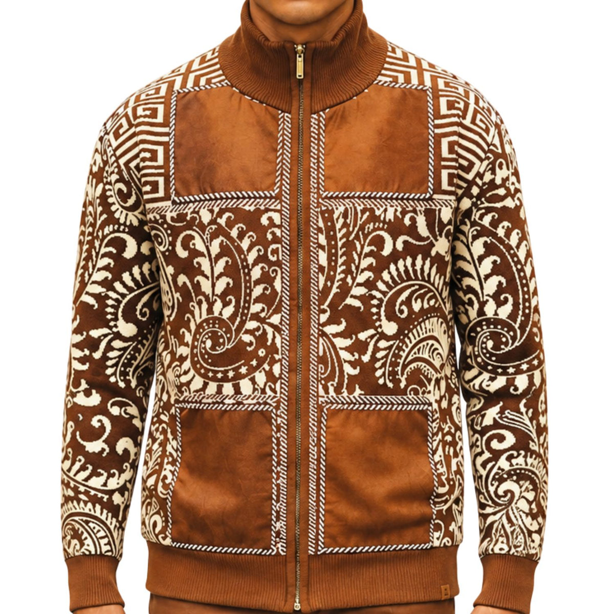 SilverSilk 31018 caramel paisley key suede full-zip sweater - detail view