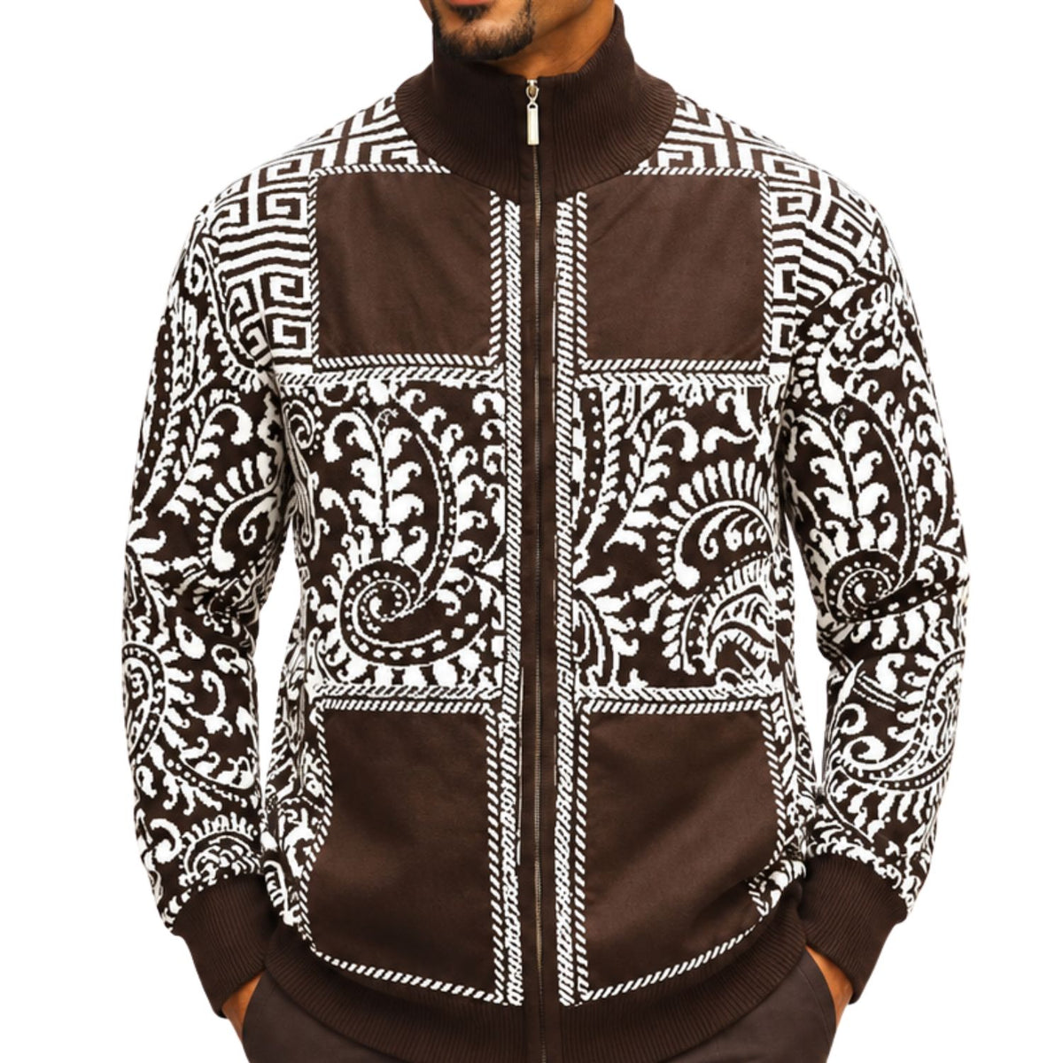 SilverSilk 31018 brown paisley key suede full-zip sweater - detail view