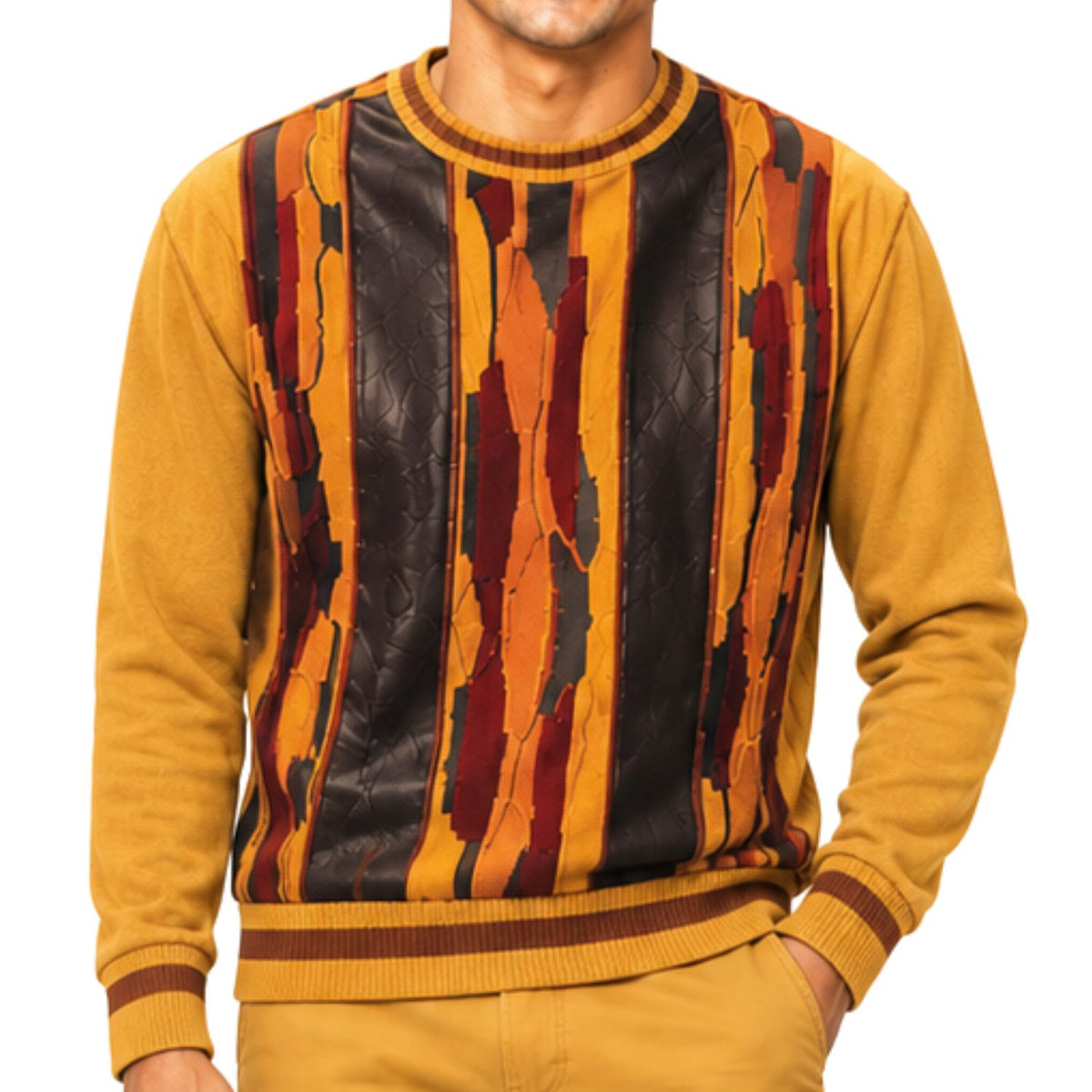 Stacy Adams 32028 gold pu trimmed crewneck sweater - detail view