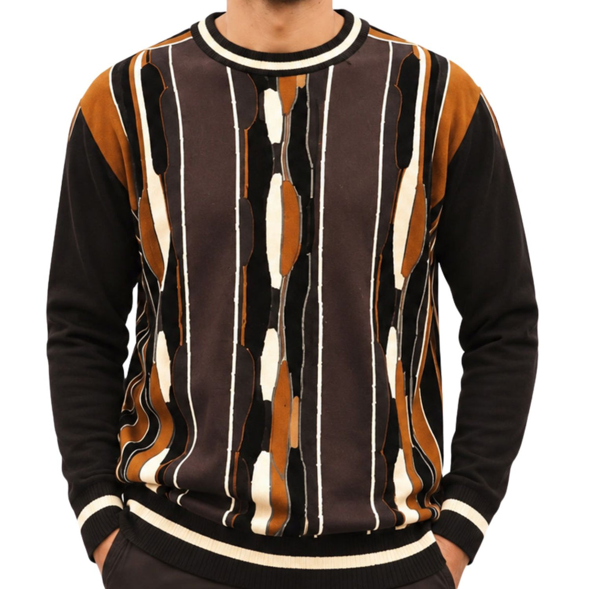 Stacy Adams 32028 brown pu trimmed crewneck sweater - detail view