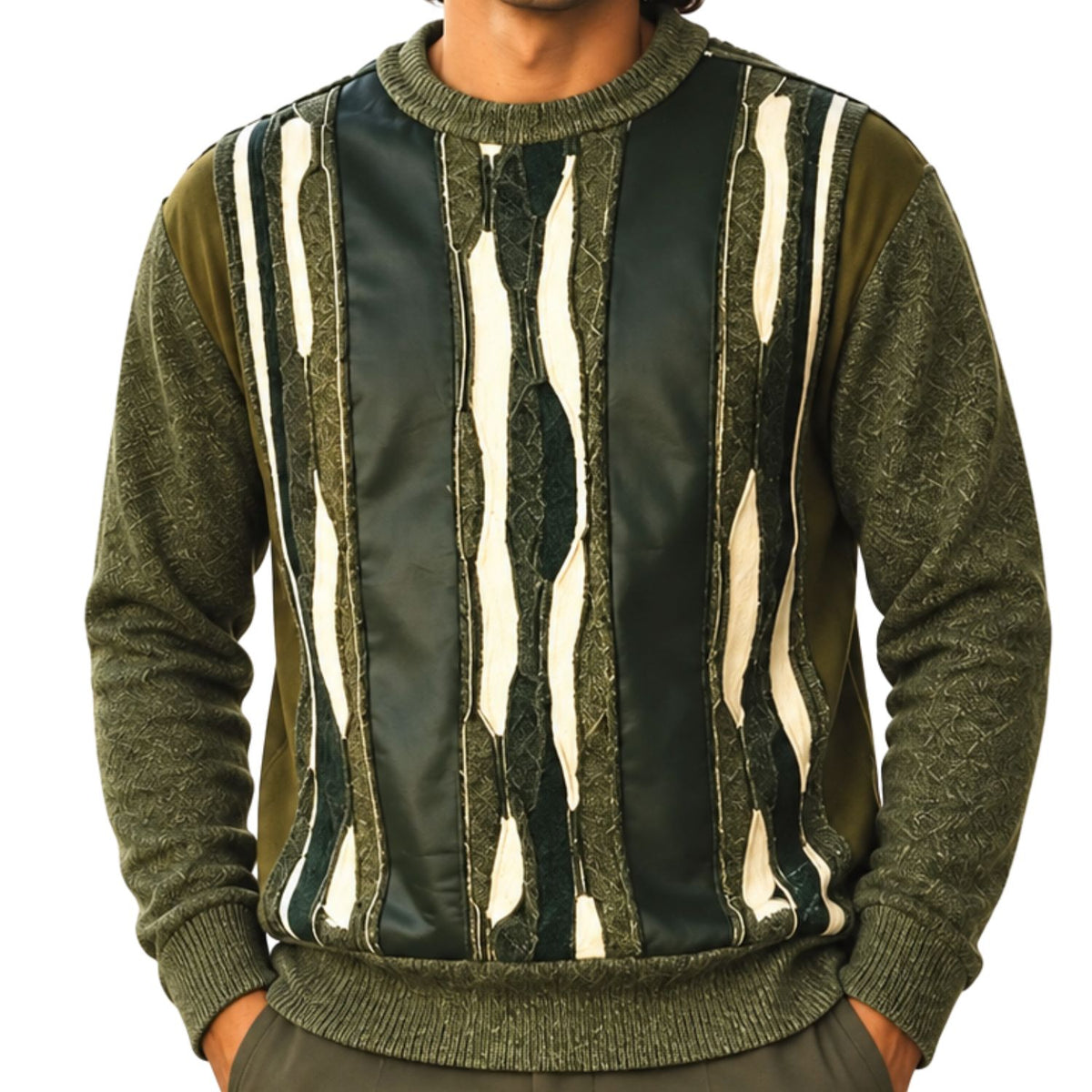 Stacy Adams 32028 moss pu trimmed crewneck sweater - detail view