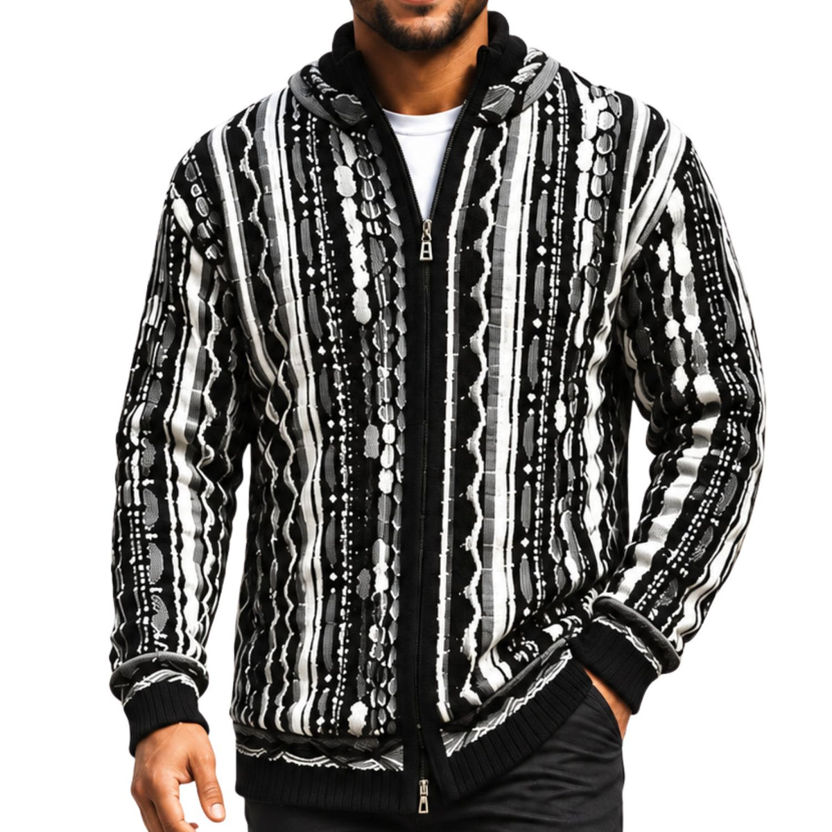 SilverSilk 32030 black mock neck full-zip textured sweater - detail view