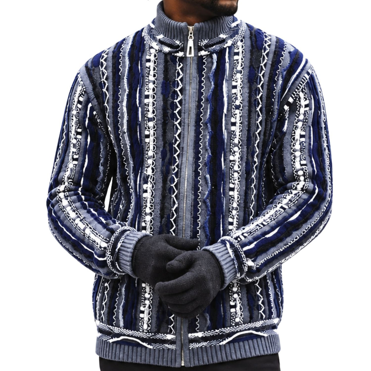 SilverSilk 32030 grey mock neck full-zip textured sweater - detail view