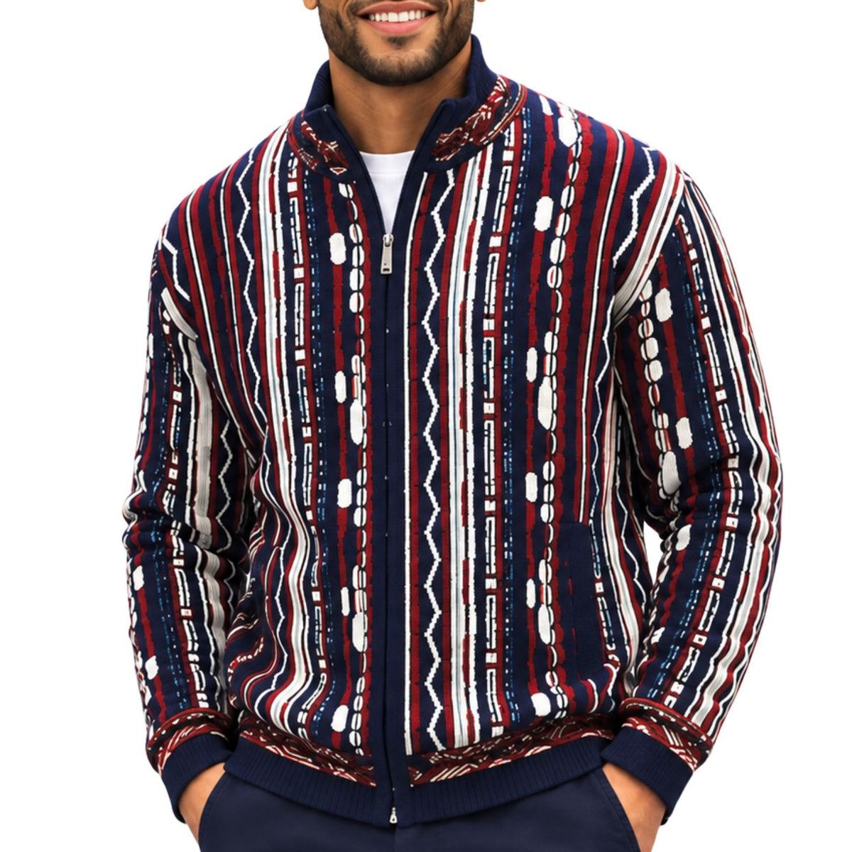 SilverSilk 32030 navy mock neck full-zip textured sweater - detail view