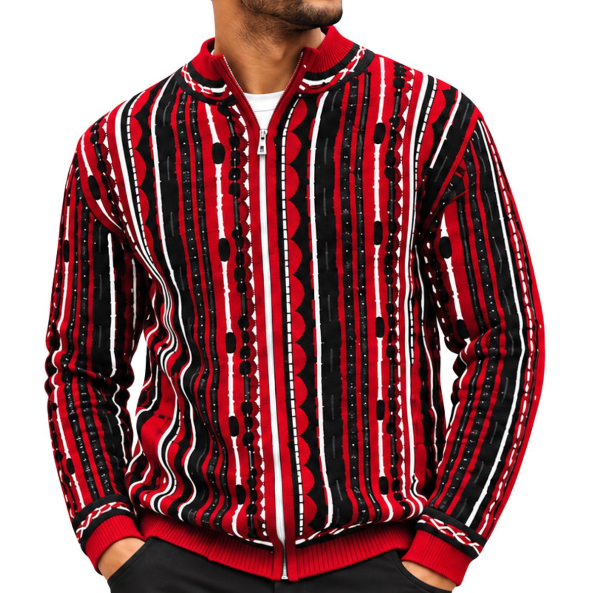 SilverSilk 32030 red mock neck full-zip textured sweater - detail view