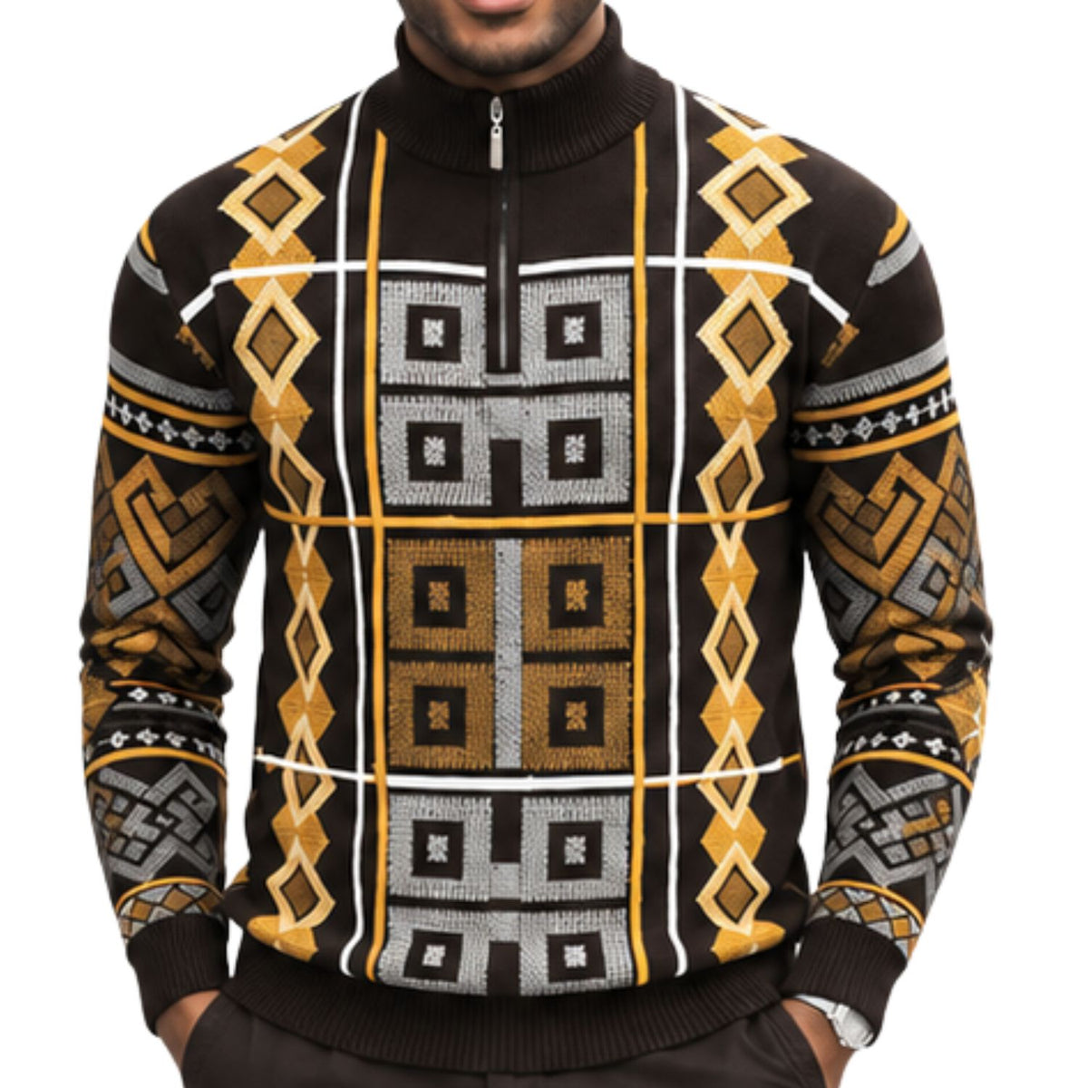 Stacy Adams 32022 brown quarter-zip mock neck geometric sweater - detail view