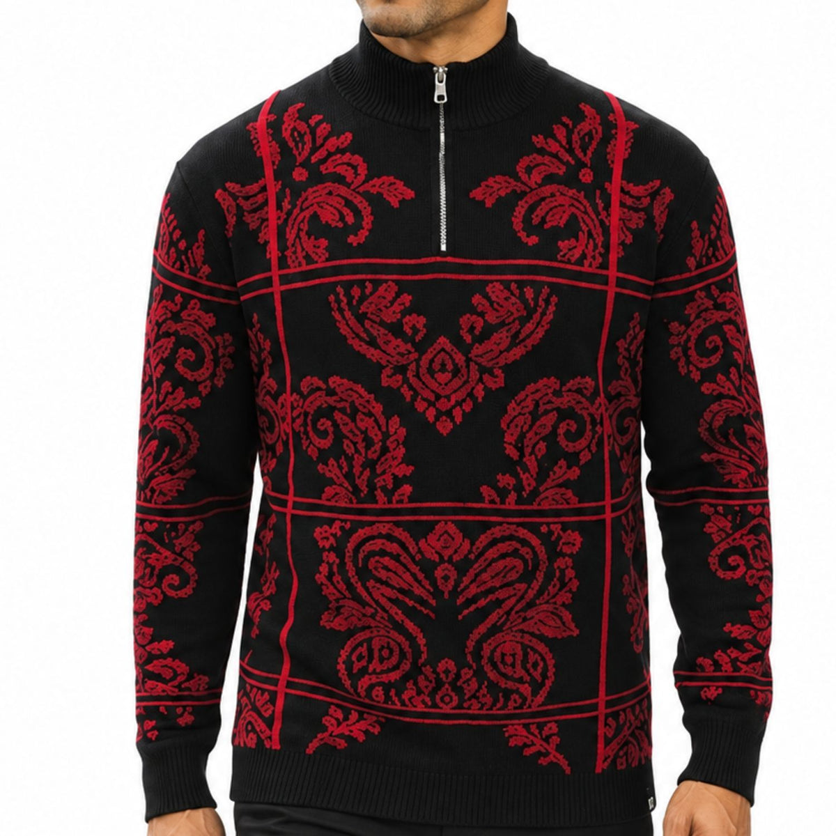 Stacy Adams 32021 black quarter-zip mock neck window scroll sweater - detail view