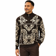 Men's Quarter-Zip Mock Neck Window Scroll Sweater - Brown by Stacy Adams