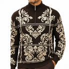 Stacy Adams 32021 brown quarter-zip mock neck window scroll sweater - detail view