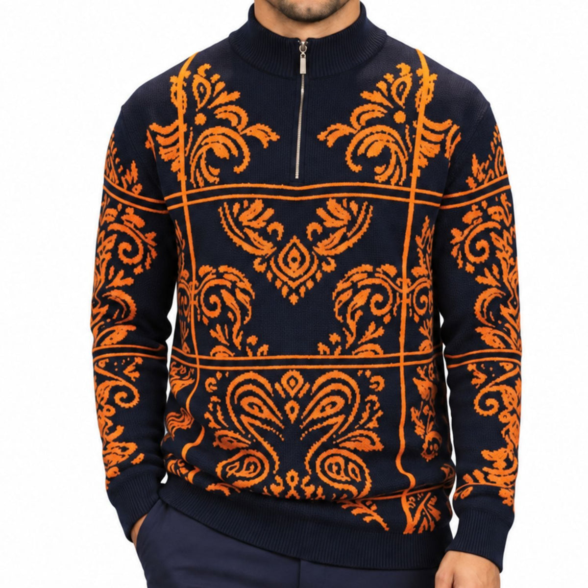 Stacy Adams 32021 navy quarter-zip mock neck window scroll sweater - detail view