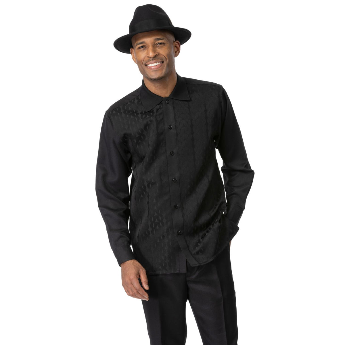 Model wearing the black Montique 2684 long sleeve walking suit with matching pants