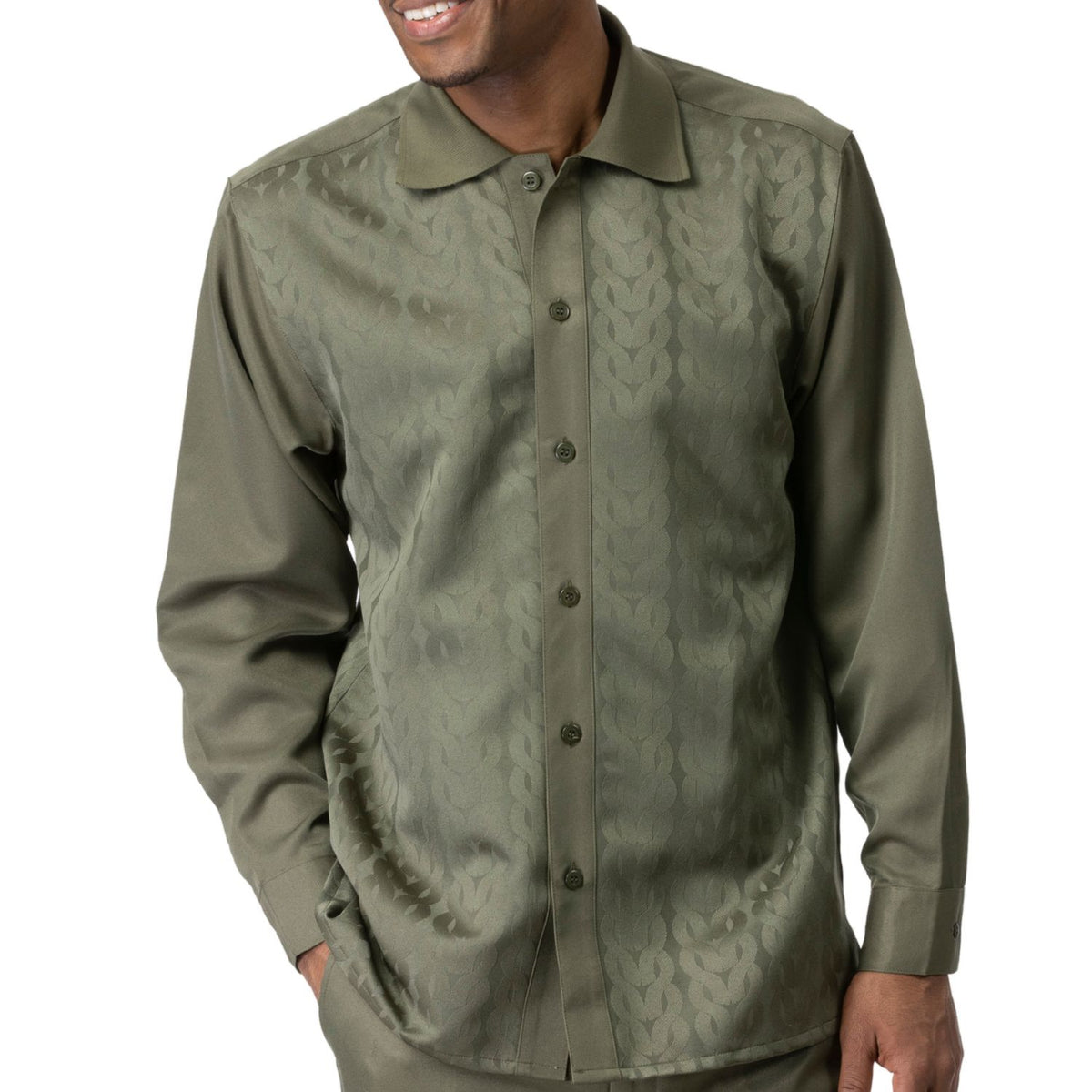 Close-up of the olive Montique 2684 shirt showing its tone-on-tone pattern, rounded collar and button front