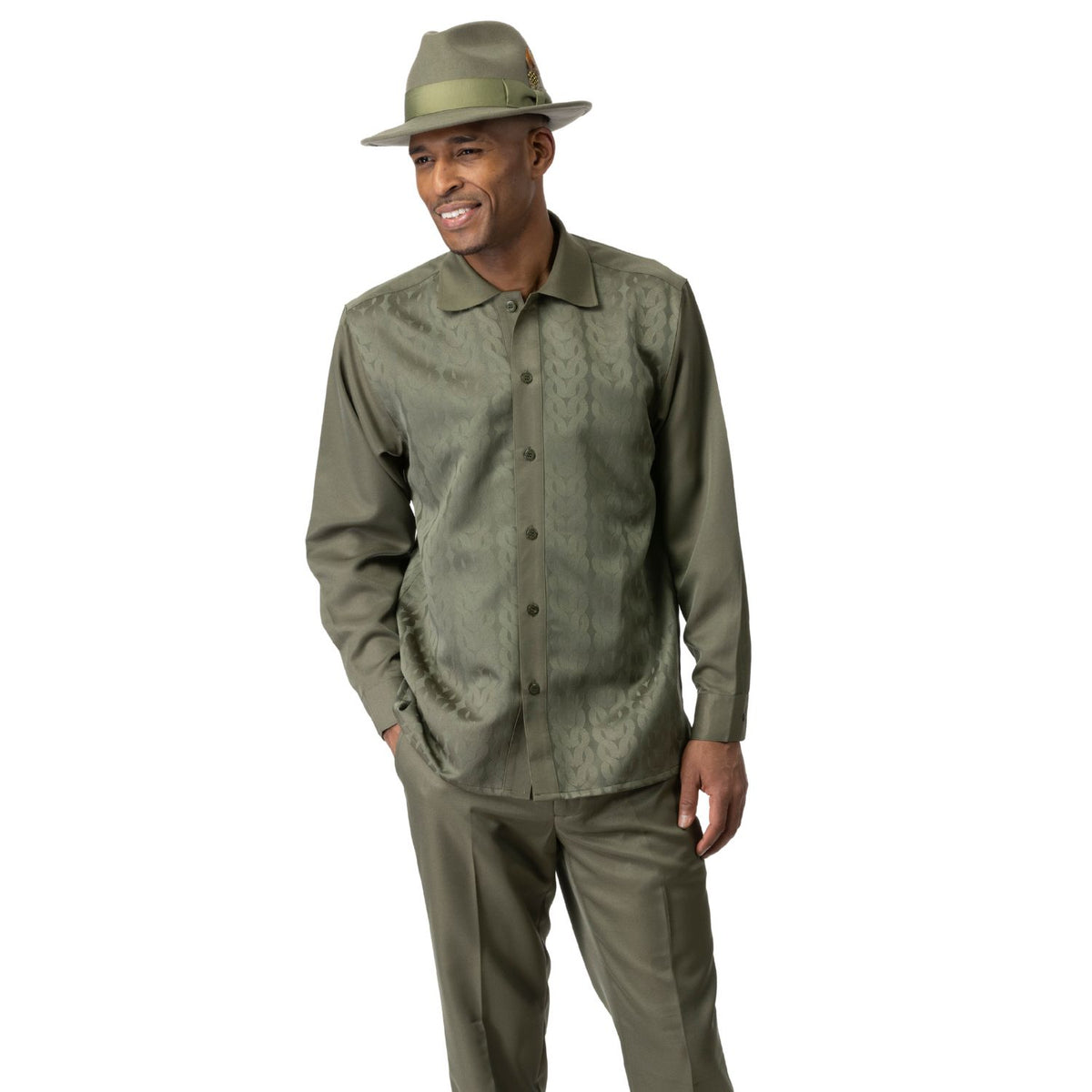 Model wearing the olive Montique 2684 long sleeve walking suit with matching pants