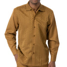 Close-up of the mustard Montique 2684 shirt showing its tone-on-tone pattern, rounded collar and button front