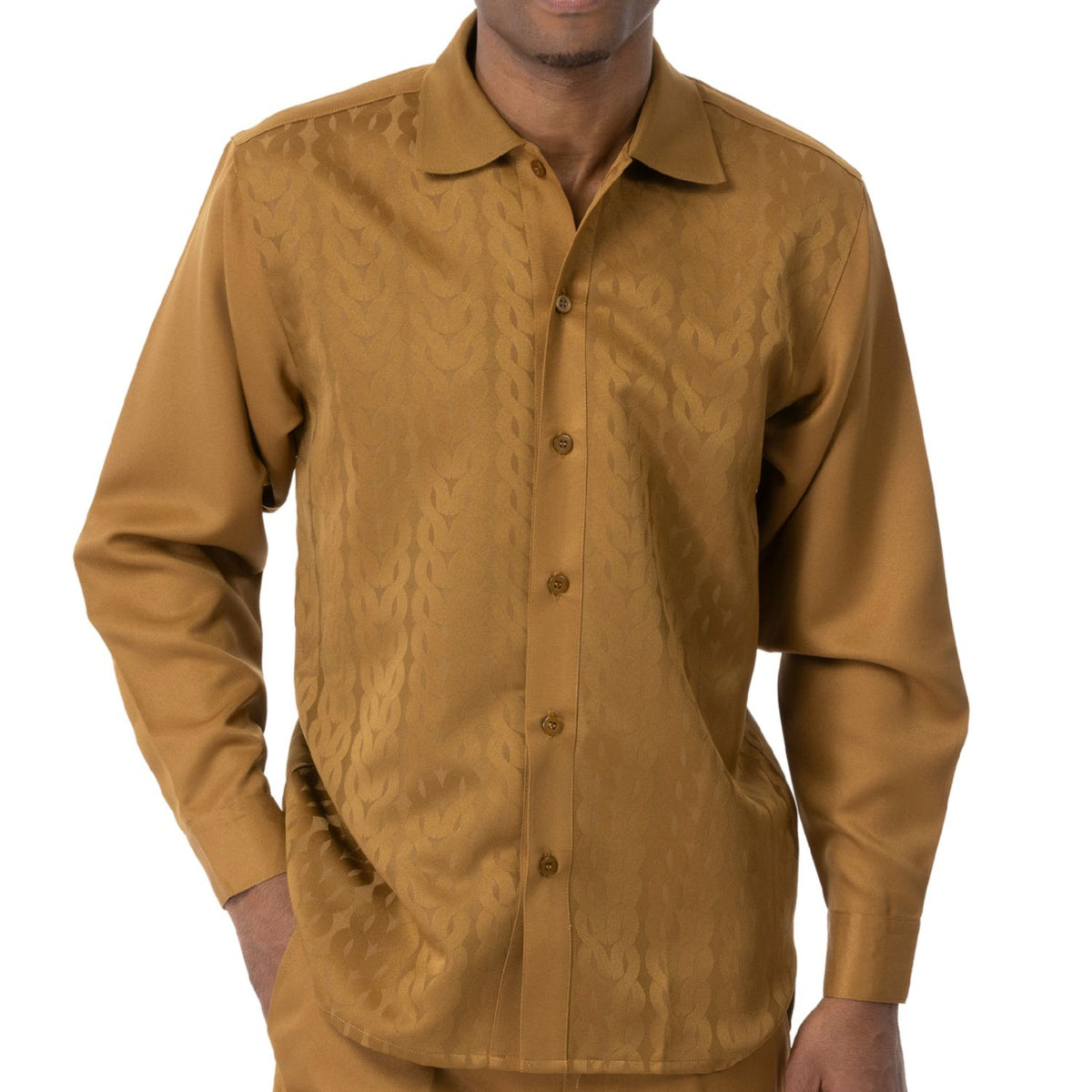 Close-up of the mustard Montique 2684 shirt showing its tone-on-tone pattern, rounded collar and button front