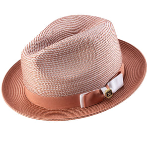 Rubique Collection: Montique Men's Braided Two Tone Stingy Brim Pinch Fedora Hat in Cognac