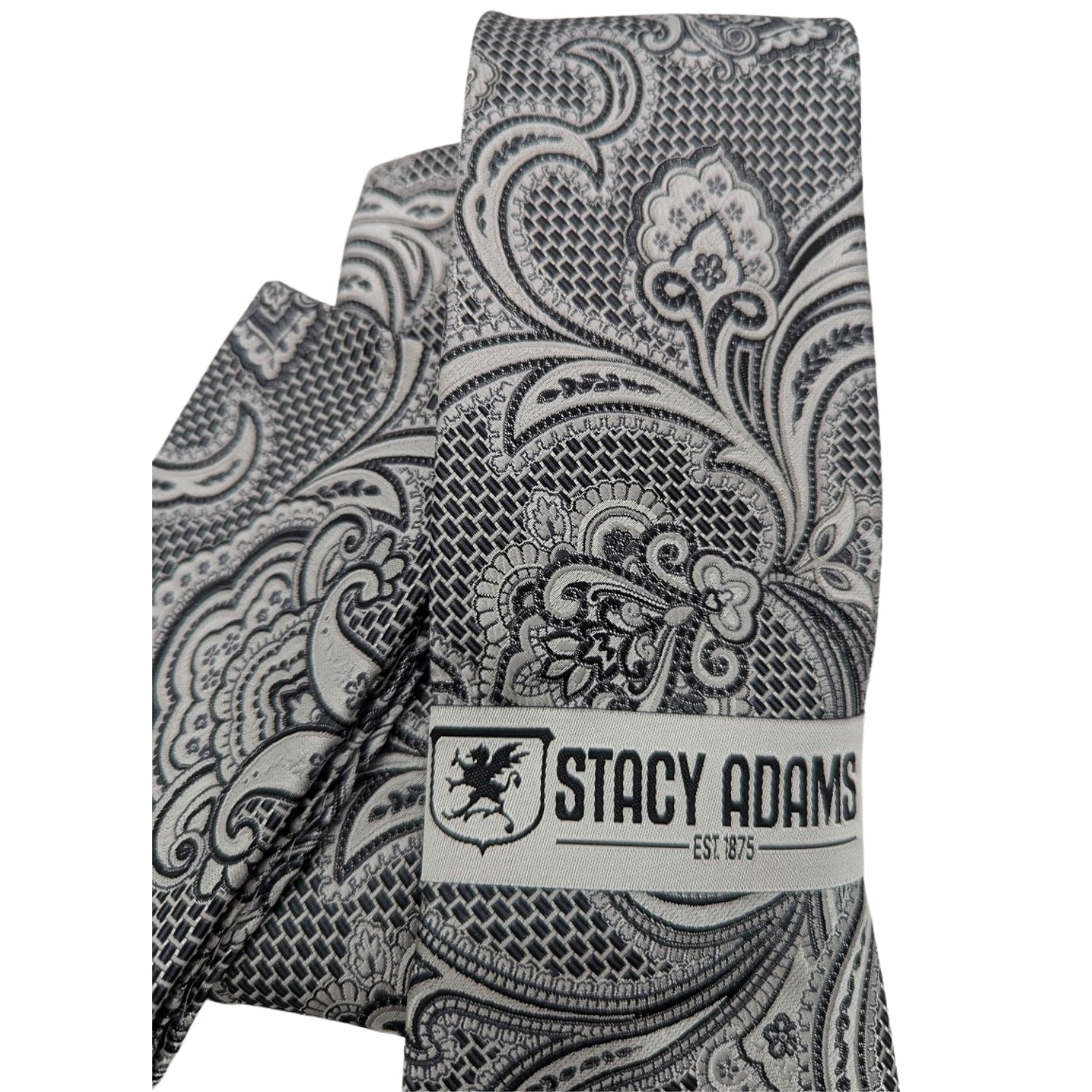 Close-up of Stacy Adams black and white paisley tie and pocket square set