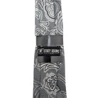 Back detail of Stacy Adams black and white paisley tie and pocket square set with logo label