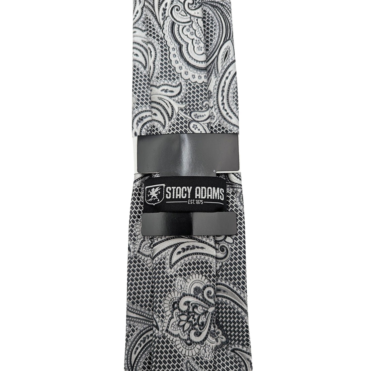 Back detail of Stacy Adams black and white paisley tie and pocket square set with logo label