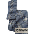 folded slate blue grey plaid tie with matching pocket square