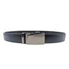 Black holeless leather ratchet belt shown coiled