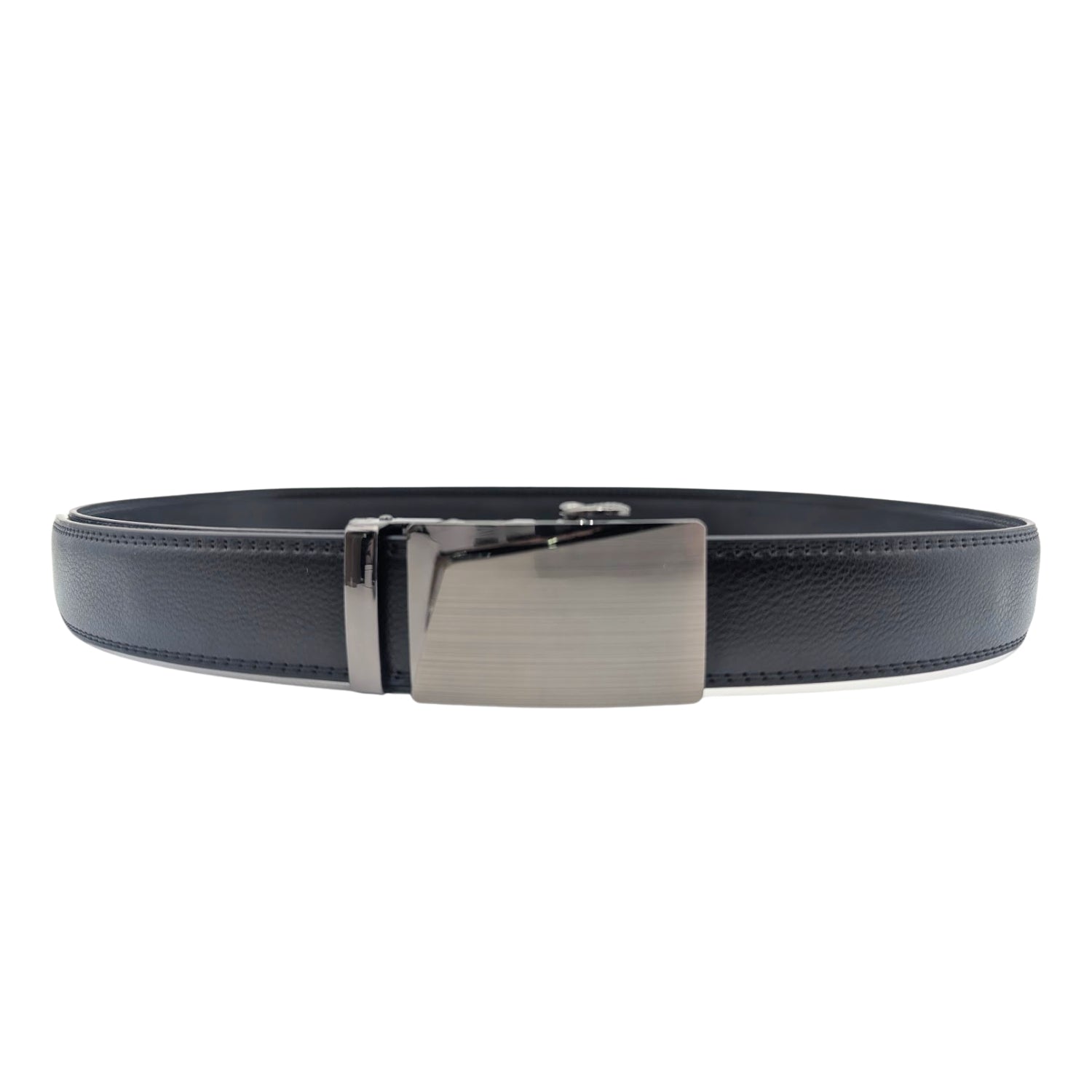 Black holeless leather ratchet belt shown coiled