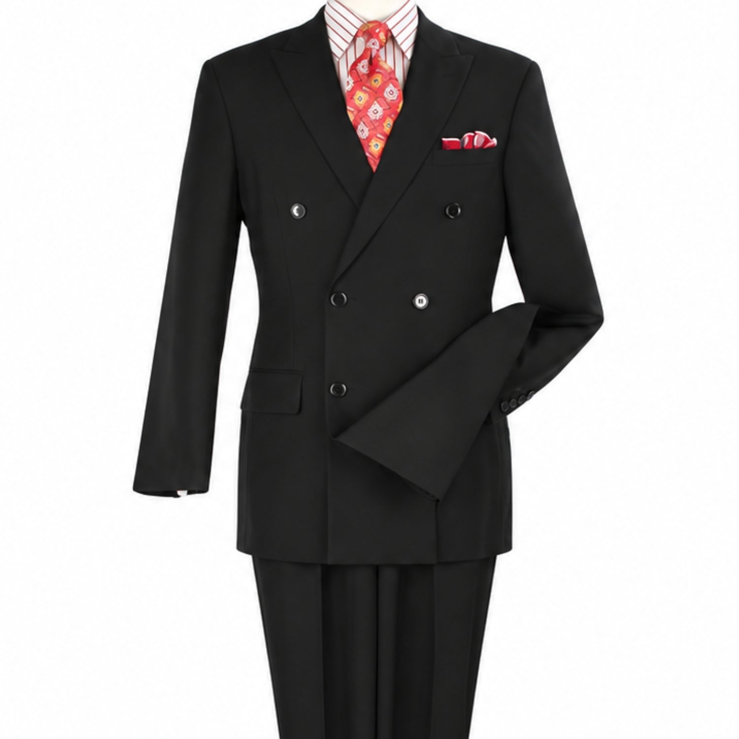 Angled view of men’s black double-breasted suit jacket