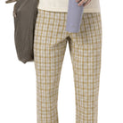 close up of taupe plaid pants fabric and checkered pattern
