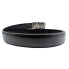 Angled view of black leather automatic ratchet belt