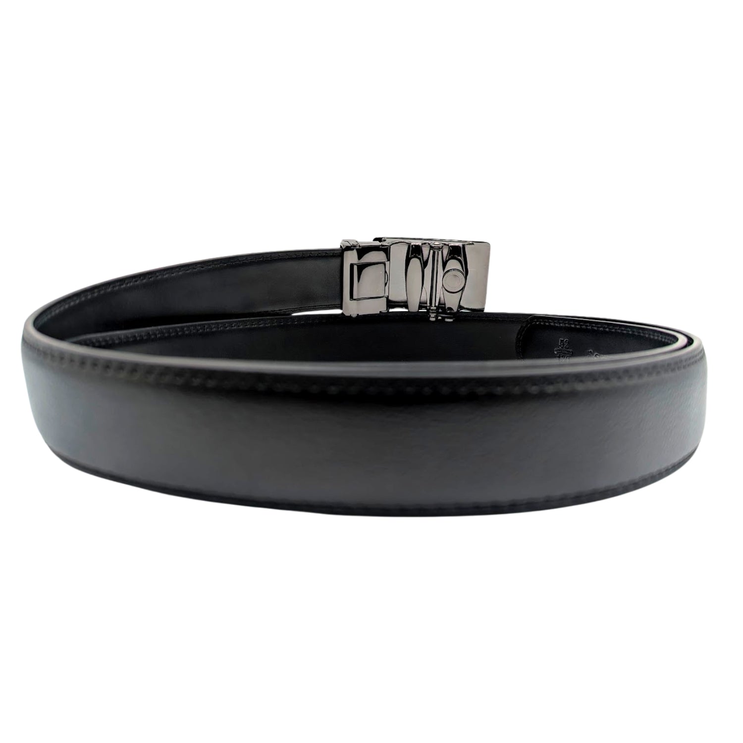 Angled view of black leather automatic ratchet belt