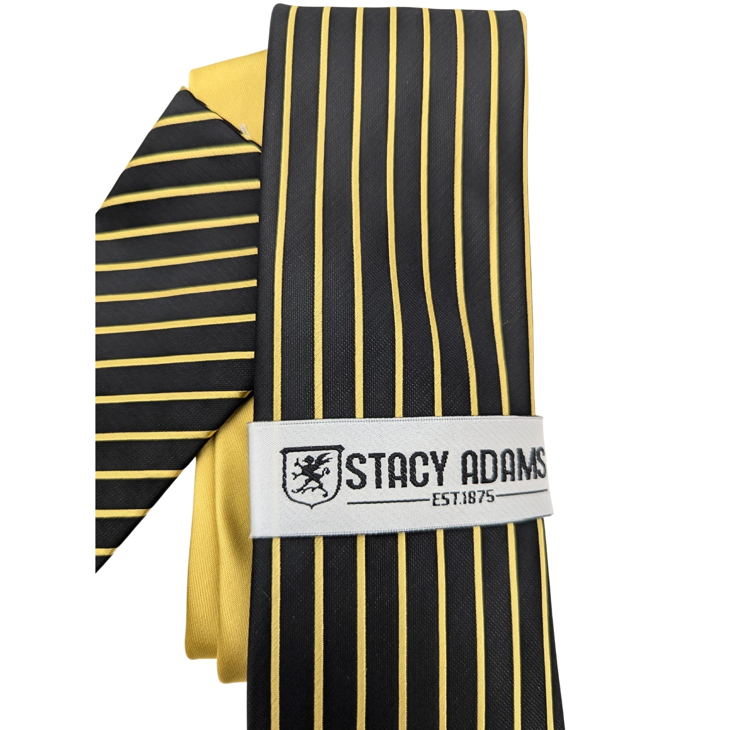 Close-up of Stacy Adams black and yellow pinstripe tie and matching pocket square