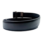 Removable grey and silver plaque buckle on black leather belt