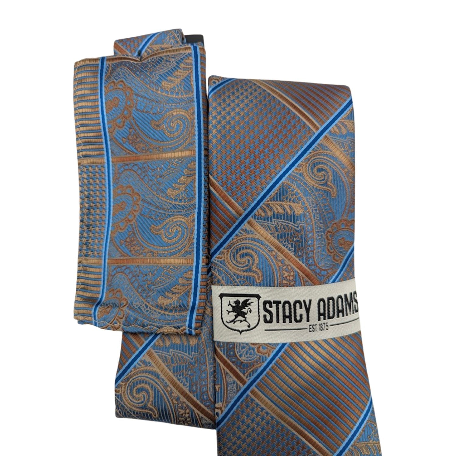 folded bronze paisley patchwork necktie with matching pocket square