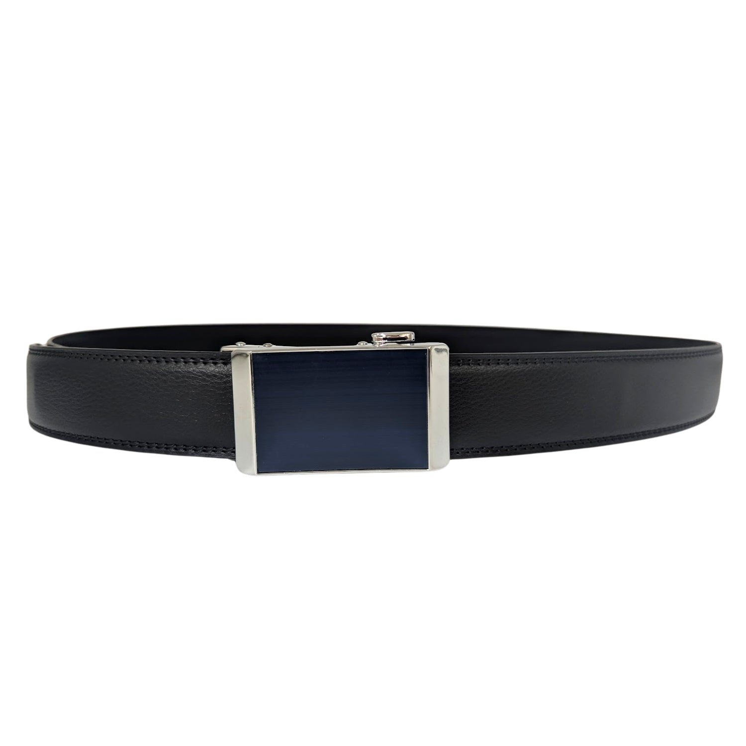 Black holeless leather ratchet belt shown coiled